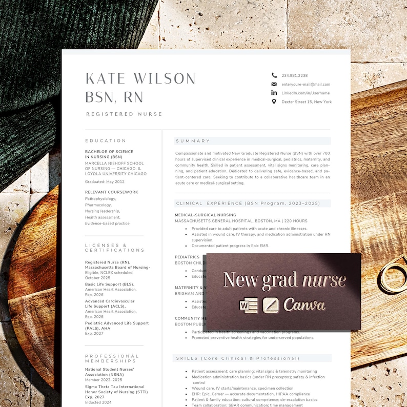 May include: A white resume template for a registered nurse named Kate Wilson, BSN, RN, featuring sections for education, clinical experience, licenses, and skills. A dark rectangular overlay displays the text New grad nurse with Word and Canva icons.