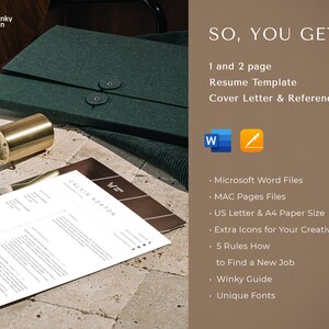 May include: A green folder with a white resume template inside. The resume template has the text "CALVIN NORTON" at the top. The text "SO, YOU GET!" is on a brown background with a list of features for the resume template, including "1 and 2 page Resume Template", "Cover Letter & References", "Microsoft Word Files", "MAC Pages Files", "US Letter & A4 Paper Size", "Extra Icons for Your Creativity", "5 Rules How to Find a New Job", "Winky Guide", and "Unique Fonts".