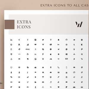 May include: A white sheet with a grid of black icons representing social media platforms, apps, and other symbols. The text "EXTRA ICONS TO ALL CASES" is at the top of the sheet.
