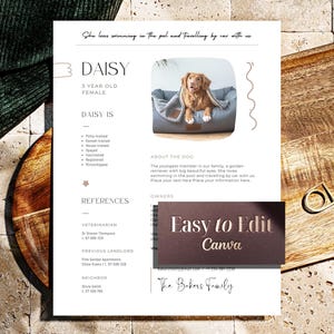 May include: A pet profile card featuring a golden retriever named Daisy, aged 3. The card includes details about Daisy's personality and references. The text "Easy to Edit Canva" is also visible.
