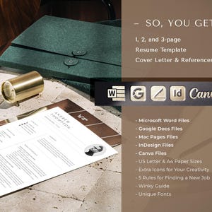 Puede incluir: Una plantilla de curr&iacute;culum vitae profesional con carta de presentaci&oacute;n y referencias. La imagen muestra un curr&iacute;culum, una carpeta verde y un objeto cil&iacute;ndrico dorado. El texto incluye "SO, YOU GET!" y formatos de archivo para Microsoft Word, Google Docs y Canva.