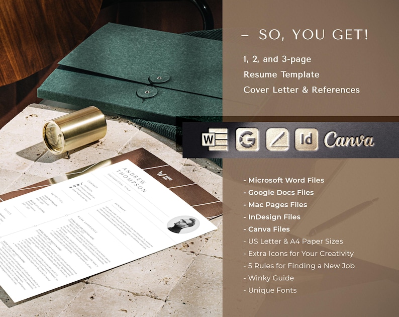 Puede incluir: Una plantilla de curr&iacute;culum vitae profesional con carta de presentaci&oacute;n y referencias. La imagen muestra un curr&iacute;culum, una carpeta verde y un objeto cil&iacute;ndrico dorado. El texto incluye "SO, YOU GET!" y formatos de archivo para Microsoft Word, Google Docs y Canva.