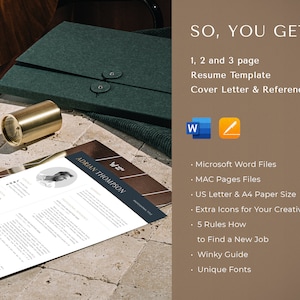 May include: A resume template with a modern design. The template includes a cover letter and references. It is available in Microsoft Word and MAC Pages formats. The template is designed for US Letter and A4 paper sizes. It includes extra icons for creativity, 5 rules for finding a new job, a Winky Guide, and unique fonts.