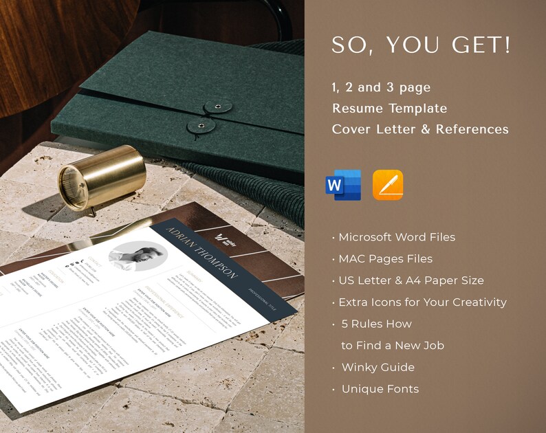 May include: A resume template with a modern design. The template includes a cover letter and references. It is available in Microsoft Word and MAC Pages formats. The template is designed for US Letter and A4 paper sizes. It includes extra icons for creativity, 5 rules for finding a new job, a Winky Guide, and unique fonts.