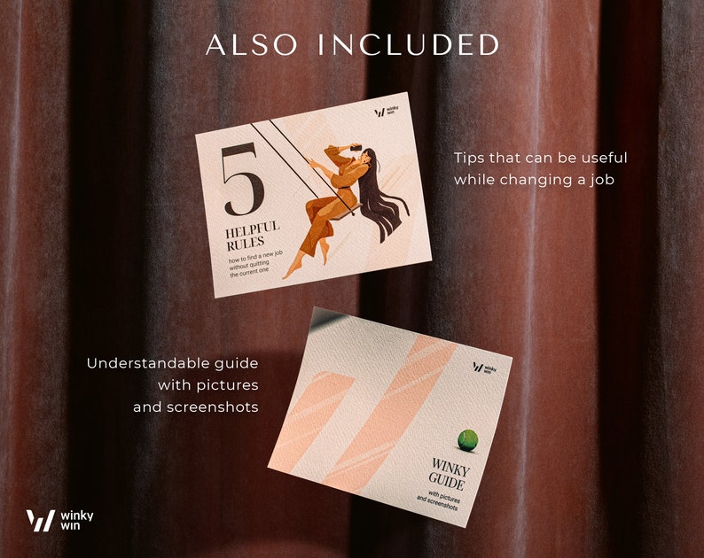 May include: Two brochures with the text "ALSO INCLUDED" at the top. One brochure reads "5 HELPFUL RULES" with an illustration of a person on a swing. The other brochure says "WINKY GUIDE" with pictures and screenshots.
