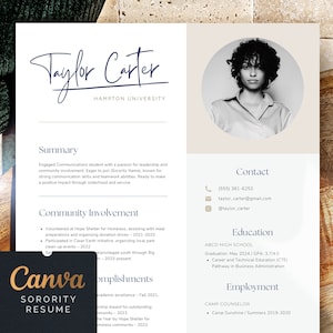 May include: A resume template with the name "Taylor Carter" and "Hampton University" at the top. A headshot is in a circle on the right. The resume includes sections for summary, community involvement, and contact information. The Canva Sorority Resume logo is in the bottom left.
