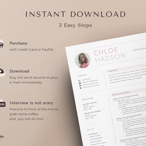 Op de afbeelding: Een roze en witte cv-sjabloon met een foto van een vrouw in de linkerbovenhoek. De cv bevat secties voor contactgegevens, samenvatting, opleiding, werkervaring en vaardigheden. De tekst "INSTANT DOWNLOAD" staat bovenaan de pagina.