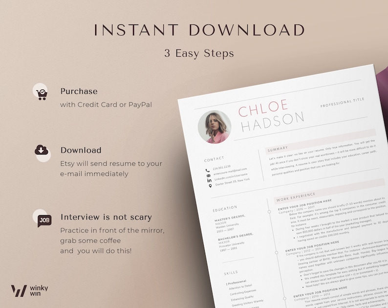 Op de afbeelding: Een roze en witte cv-sjabloon met een foto van een vrouw in de linkerbovenhoek. De cv bevat secties voor contactgegevens, samenvatting, opleiding, werkervaring en vaardigheden. De tekst "INSTANT DOWNLOAD" staat bovenaan de pagina.