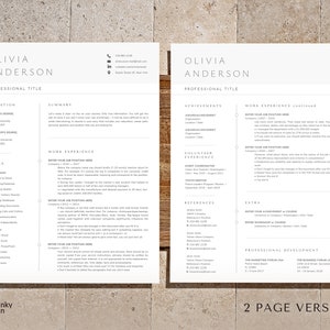 May include: A two-page resume template with the name "Olivia Anderson" at the top. The resume includes sections for education, skills, work experience, achievements, and references. The design is minimalist with a clean, modern layout.