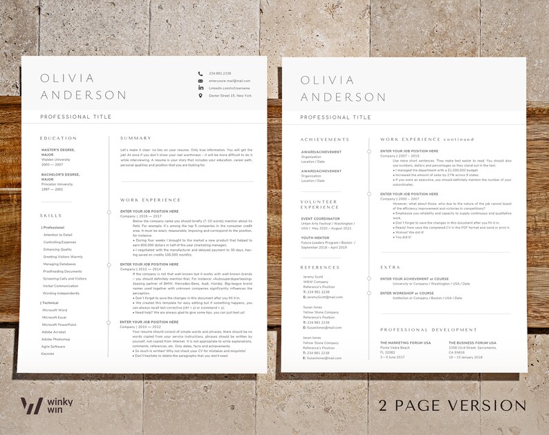 May include: A two-page resume template with the name "Olivia Anderson" at the top. The resume includes sections for education, skills, work experience, achievements, and references. The design is minimalist with a clean, modern layout.