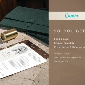 May include: A resume template with the name "Emilia Harper" printed on a white sheet of paper. The image also includes a dark green folder, a gold-coloured cylindrical object, and the Canva logo.