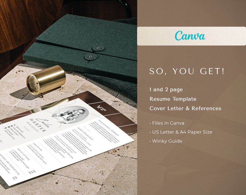 May include: A resume template with the name "Emilia Harper" printed on a white sheet of paper. The image also includes a dark green folder, a gold-coloured cylindrical object, and the Canva logo.