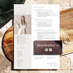 May include: A professional resume layout with a photo of a woman in a white coat. The resume includes sections for qualifications, work experience, and contact information. A small banner with the text "Bearbeitbar in" is visible.