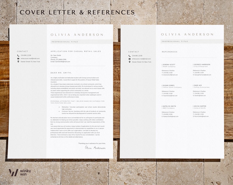 May include: Two-page resume template with the title "Cover Letter & References" at the top. The left page is a cover letter, and the right page lists references. The template is white with a light brown header and footer.