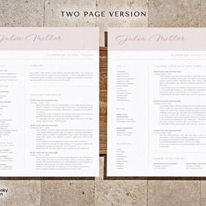 May include: Two-page resume template for an elementary school teacher named Julia Miller. The resume includes sections for contact information, summary, skills, teaching experience, licenses and certifications, extra, interests, and career development.