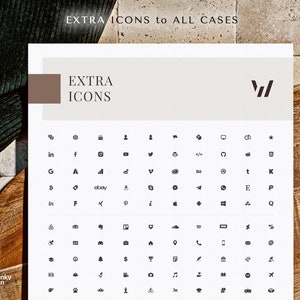 Puede incluir: Una hoja de papel blanca con un rect&aacute;ngulo marr&oacute;n en la parte superior. El texto "EXTRA ICONS to ALL CASES" est&aacute; en la parte superior de la hoja. El texto "EXTRA ICONS" est&aacute; en un tama&ntilde;o de fuente m&aacute;s grande y est&aacute; centrado en el rect&aacute;ngulo marr&oacute;n. Debajo del texto, hay 10 filas de 10 iconos negros. Cada icono representa una plataforma de redes sociales, una aplicaci&oacute;n o un sitio web diferente.