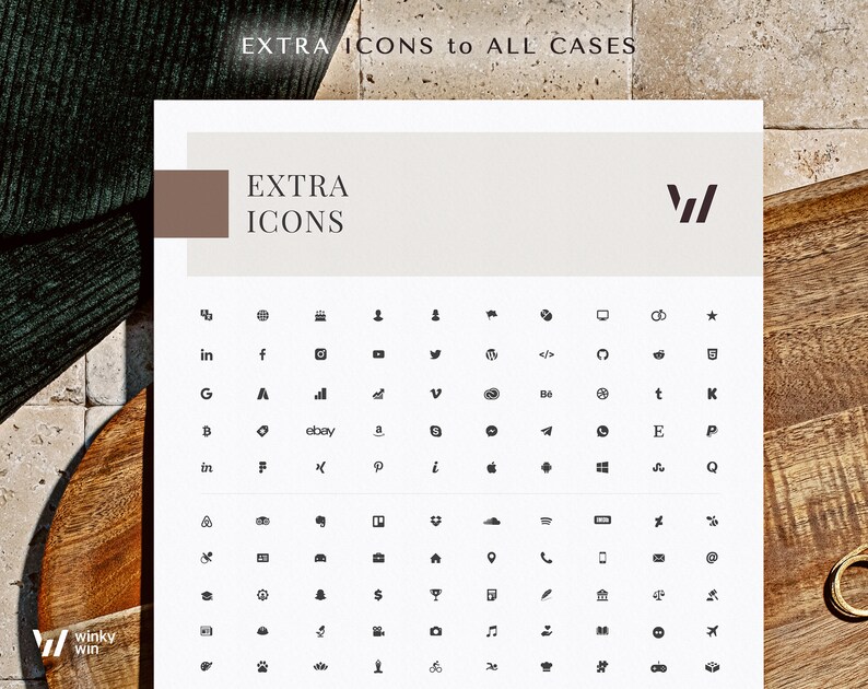 Puede incluir: Una hoja de papel blanca con un rect&aacute;ngulo marr&oacute;n en la parte superior. El texto "EXTRA ICONS to ALL CASES" est&aacute; en la parte superior de la hoja. El texto "EXTRA ICONS" est&aacute; en un tama&ntilde;o de fuente m&aacute;s grande y est&aacute; centrado en el rect&aacute;ngulo marr&oacute;n. Debajo del texto, hay 10 filas de 10 iconos negros. Cada icono representa una plataforma de redes sociales, una aplicaci&oacute;n o un sitio web diferente.