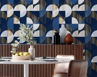 Blue Retro Geometric Wallpaper, Navy Midcentury wall covering, Funky peel and stick