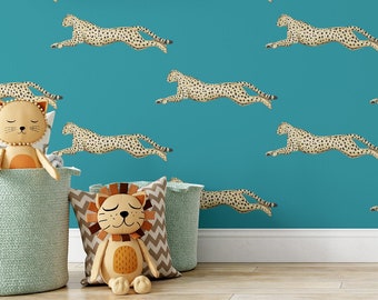Teal Leopard Wallpaper Self Adhesive, Aquamarine Cheetah Peel and Stick, Safari Nursery Mural, Jungle Animal Cartoon Wallpaper for Kids Room
