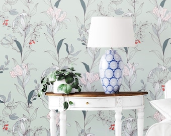 Sage Green Floral Wallpaper, Botanical Peel and Stick Accent Wall, Subtle Pattern Flowers for Living Room or Nursery