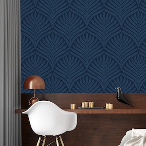 Navy Peel and Stick Wallpaper, Dark Blue Art Deco Leaf Pattern, Self Adhesive Wall Mural, Wallpaper for Smooth And Textured Walls