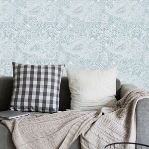 Blue Paisley Wallpaper Peel and Stick | White Lace Wallpaper Self Adhesive | Feminine Floral Wall Mural | Boho Wallpaper