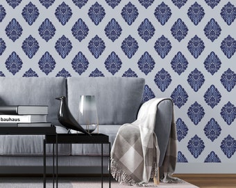 Blue Damask Wallpaper Peel and Stick  | Navy Victorian Self Adhesive Wall Covering | Vintage Wallpaper for Smooth And Textured Walls