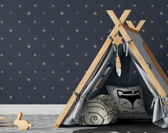 Stars Wallpaper Peel and Stick | Dark Nursery Accent Wall | Kids Room Self Adhesive Wallpaper