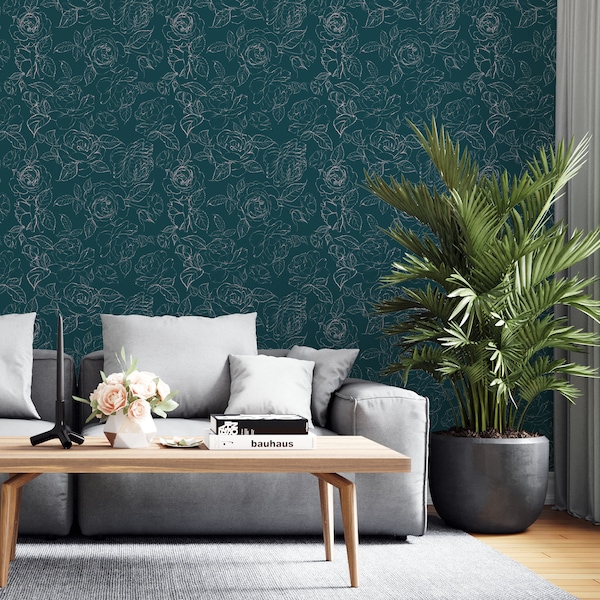 Teal Peony Wallpaper Peel And Stick | Floral Self Adhesive Mural | Botanical Wallpaper | Dark Wall Covering | Elegant Tapete