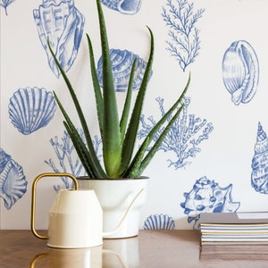 Ocean Seashell Wallpaper in Peel and Stick, Blue Coastal Self Adhesive Wall Covering, Nautical Coral and Seashell Wallpaper