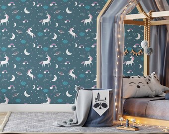 Teal Unicorn Peel and Stick Wallpaper | Self Adhesive Kids Room | Blue Fairytale Mural | Children Nursery