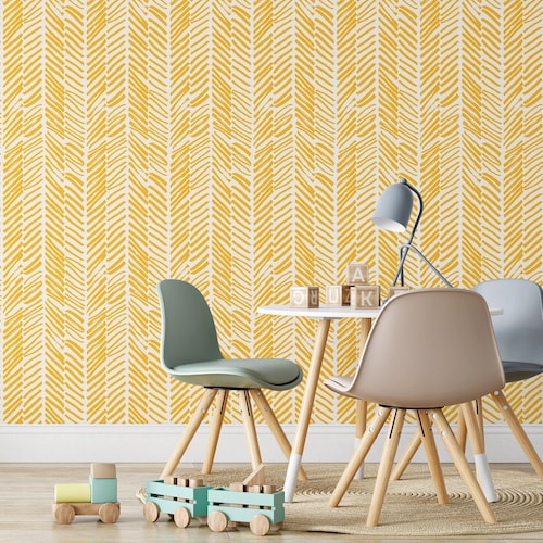 Yellow Chevron Wallpaper Peel and Stick Herringbone Self Etsy