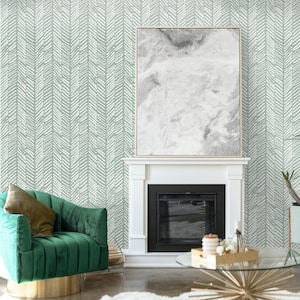 Sage Green Chevron Wallpaper Peel and Stick | Herringbone Self Adhesive Wallpaper | Light Olive Wallpaper