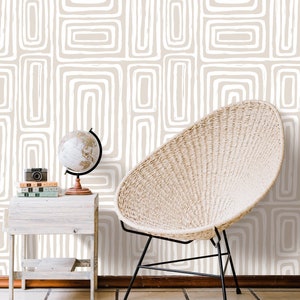 Beige Labyrinth Wallpaper, Light Brown Peel and Stick, Geometric Wall Covering