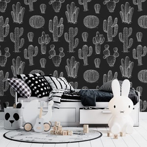 Black Cactus Wallpaper, Dark Peel and Stick, Self Adhesive Succulents Wallpaper