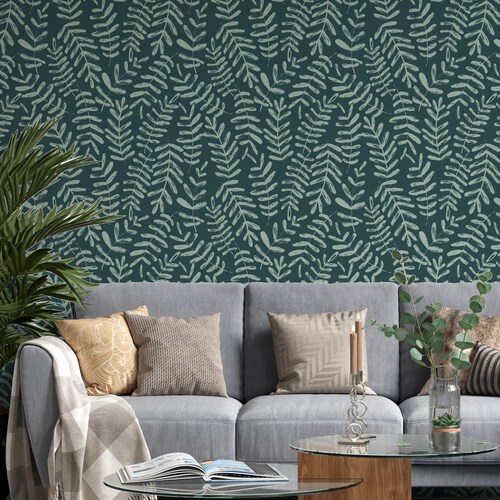 Bluegrey Leaf Wallpaper Peel and Stick Botanical Self Etsy