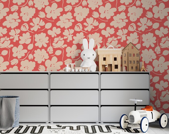 Red Rose Peel and Stick Wallpaper Sketch Floral Self Etsy