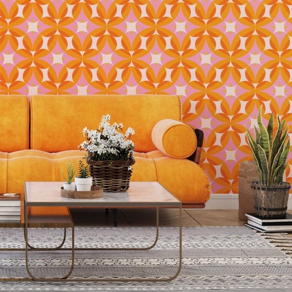 Burnt Orange Geometric Wallpaper, Terracotta Retro wall covering, Memphis style peel and stick