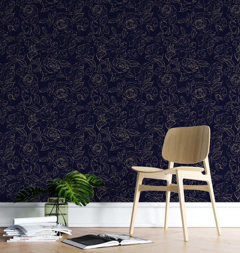 Navy Blue Floral Peel And Stick Wallpaper - Draw-fidgety