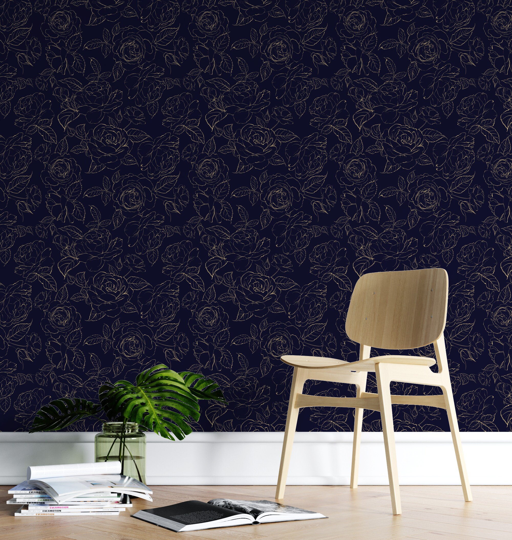 Navy Blue Floral Wallpaper Peel and Stick Peony Self | Etsy