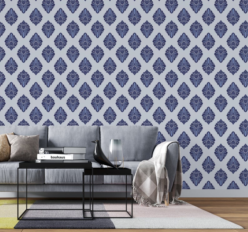 Blue Damask Wallpaper Peel and Stick Navy Victorian Self Etsy