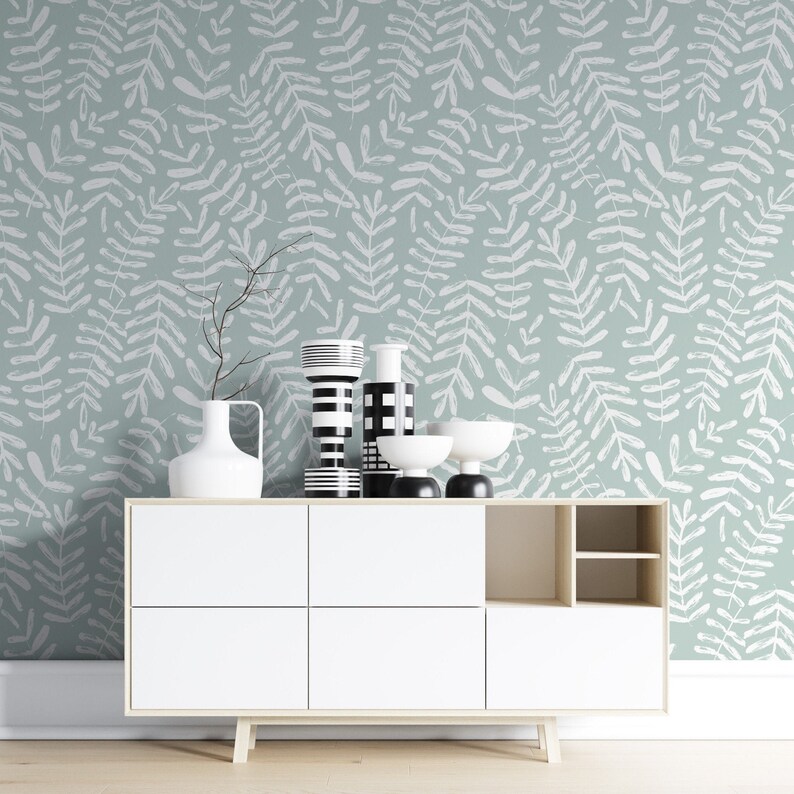 Bluegrey Leaf Wallpaper Peel and Stick Botanical Self Etsy UK
