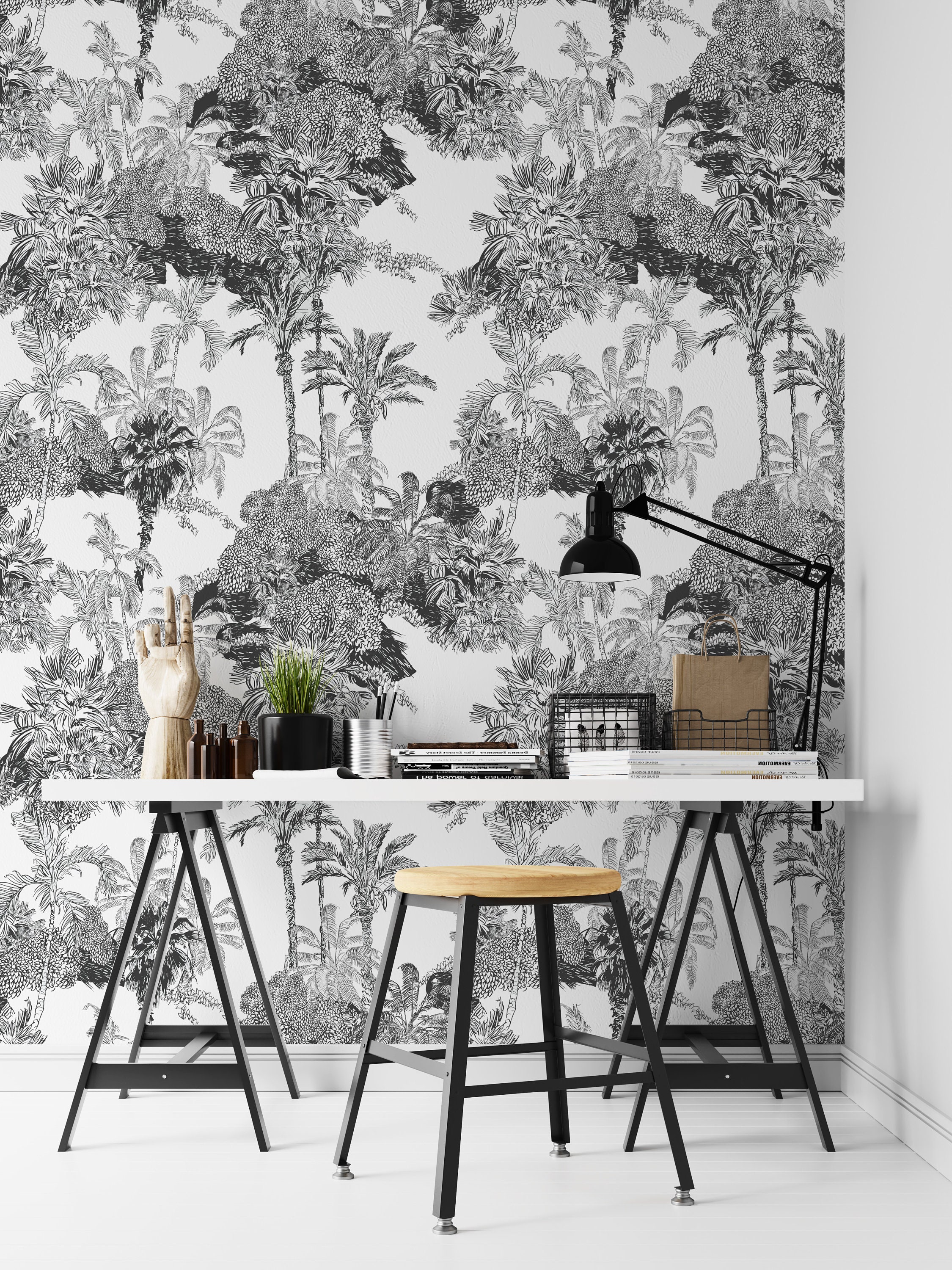 Grey and White Jungle Wallpaper Peel and Stick Toile De Jouy Etsy