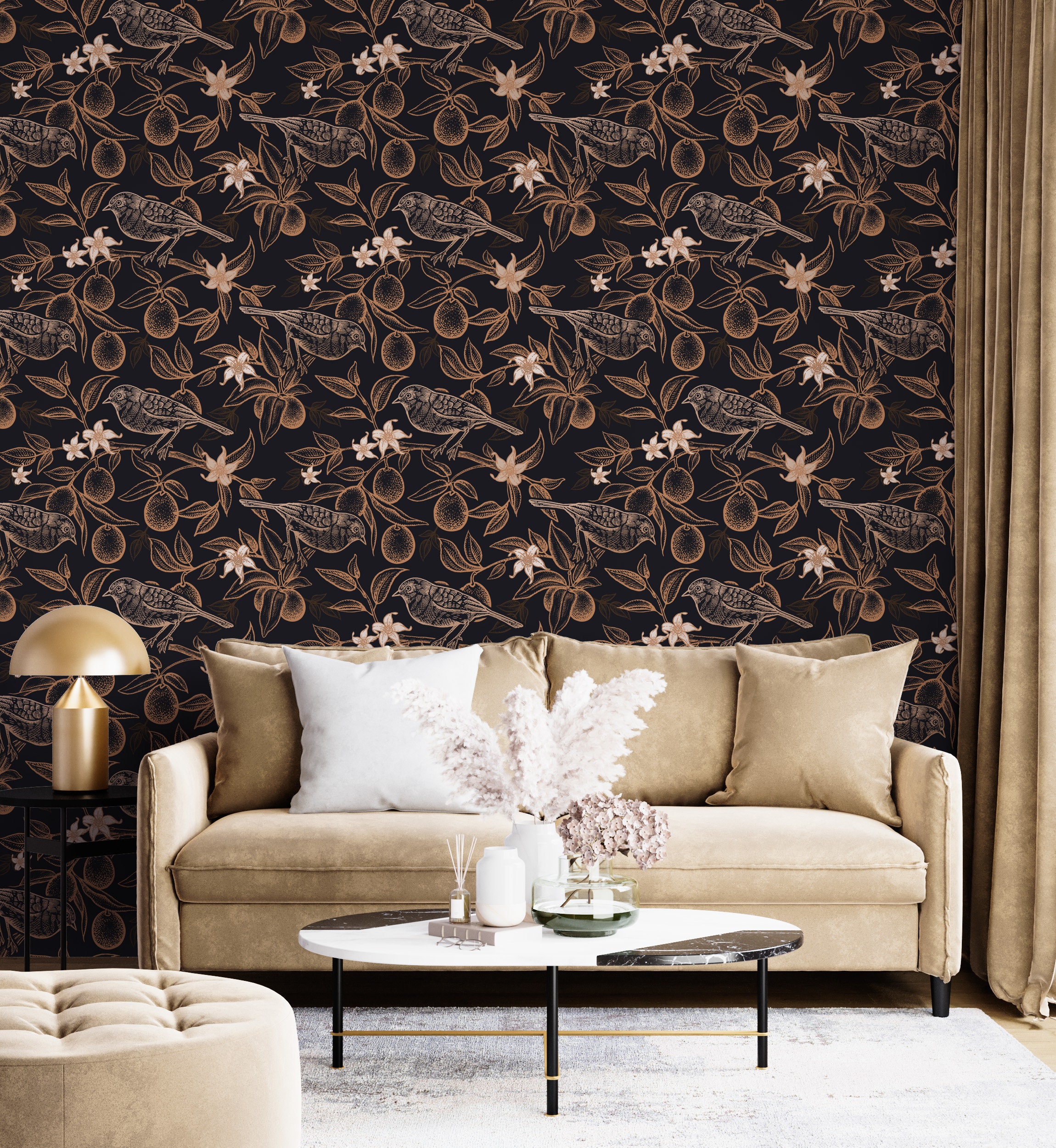 Black Floral Peel and Stick Wallpaper Birds and flowers | Etsy