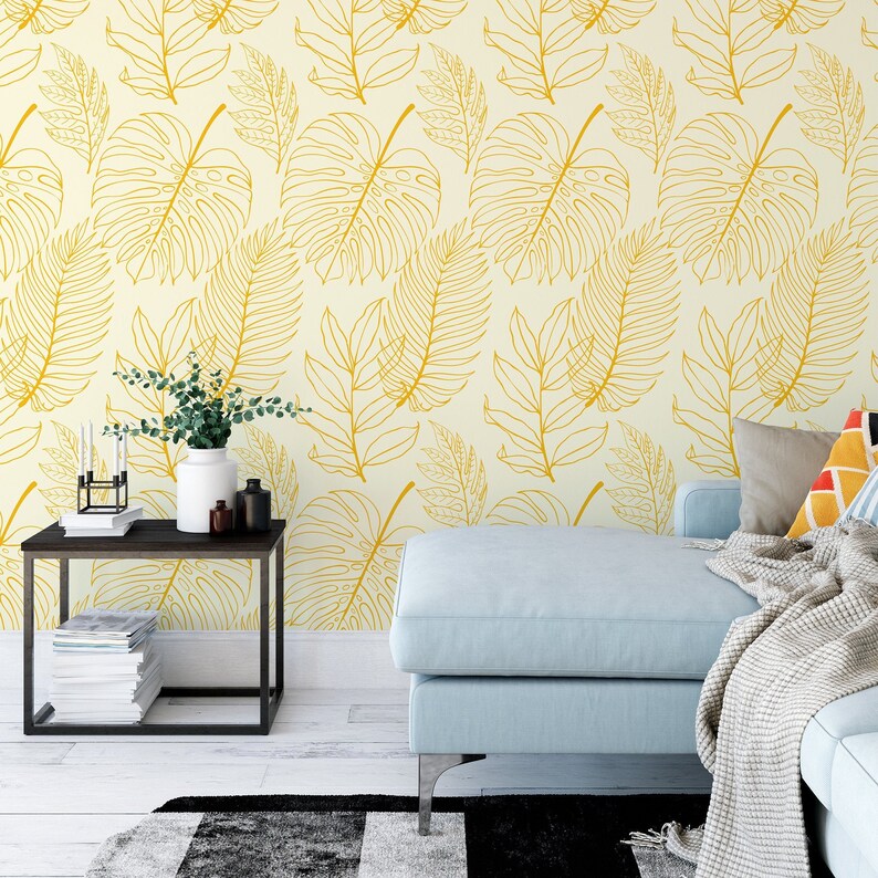 Yellow Tropical Leaf Wallpaper Peel and Stick Abstract - Etsy