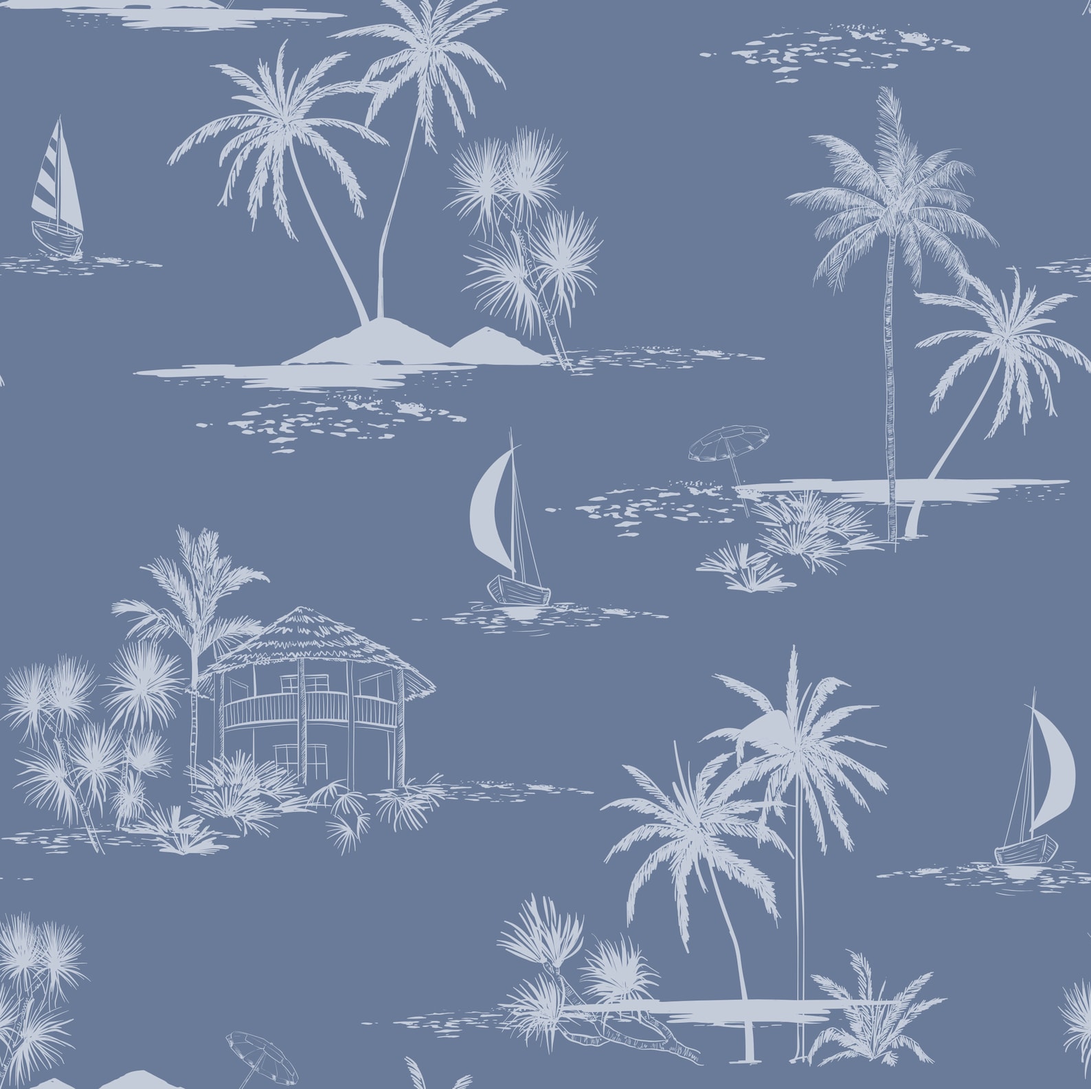Blue Beach Wallpaper Peel and Stick Palms and Ocean Cottages | Etsy