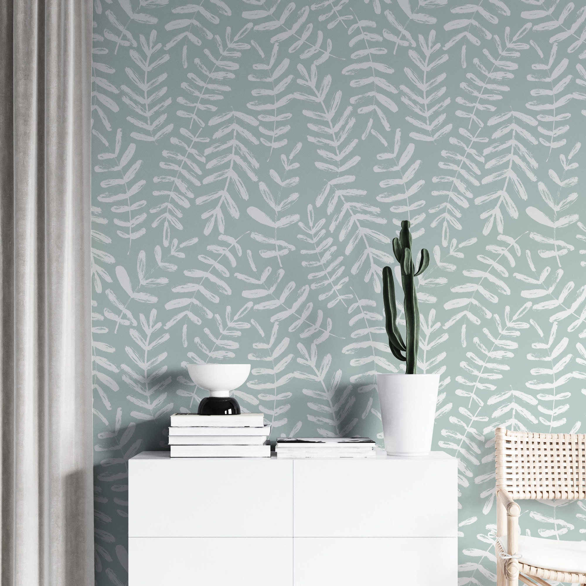 Bluegrey Leaf Wallpaper Peel and Stick Botanical Self Etsy UK