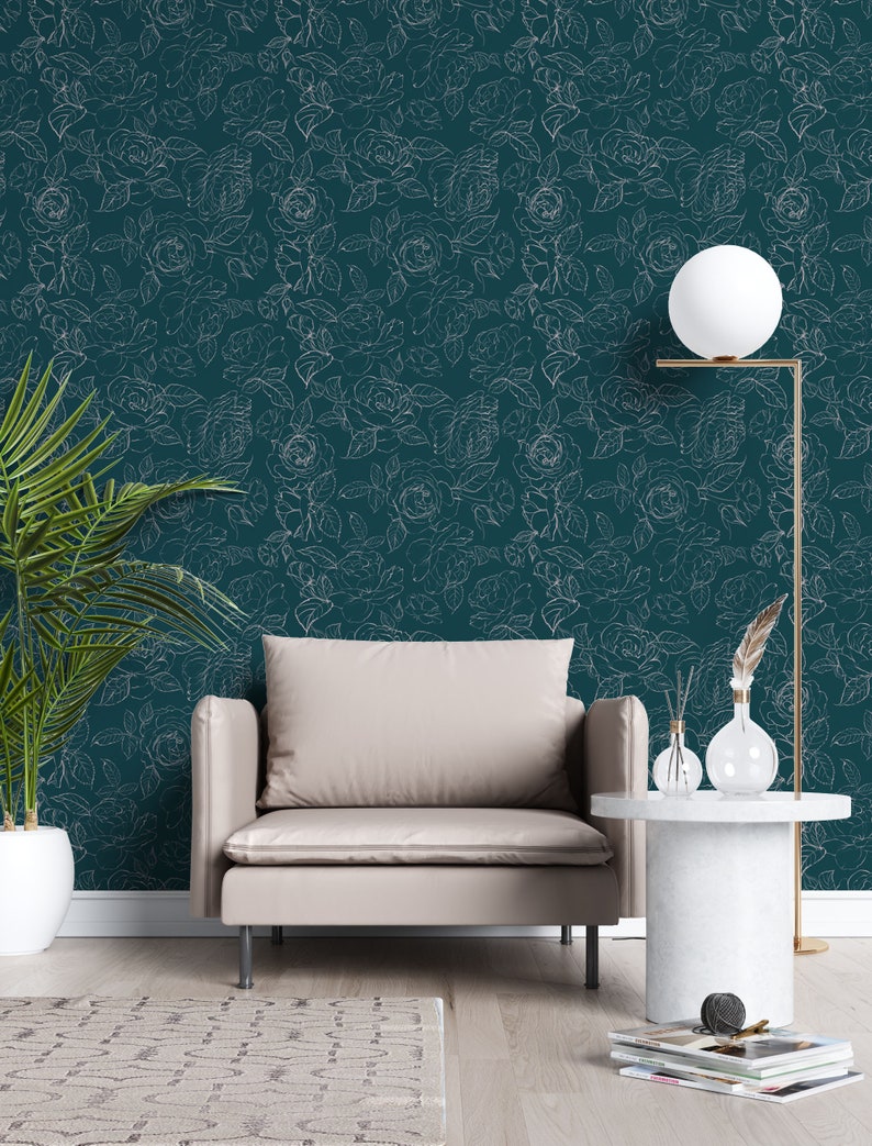 Teal Peony Wallpaper Peel And Stick Floral Self Adhesive Etsy