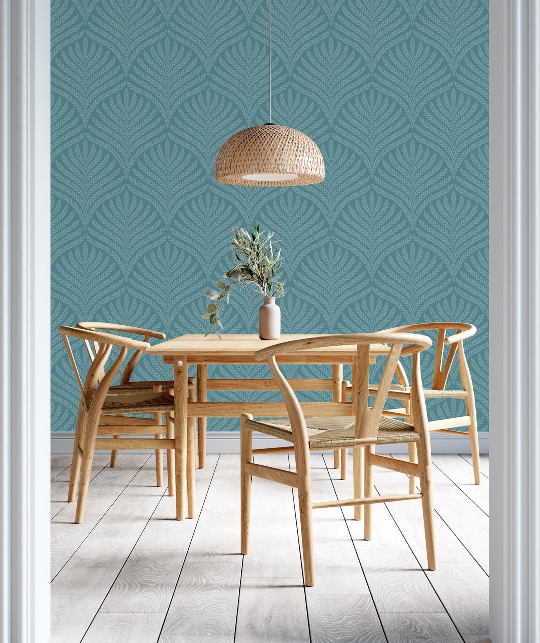 Teal Art Deco Wallpaper, Peel and Stick Leaf Pattern, Self Adhesive