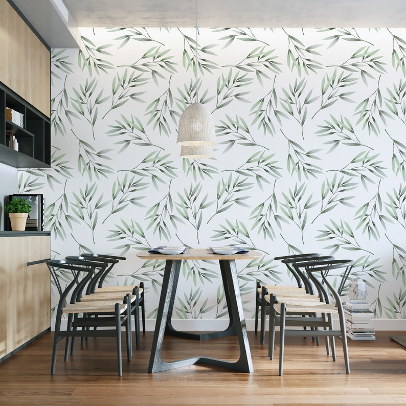 Green Olive Branch Wallpaper Botanical Leaves Peel and Stick Etsy